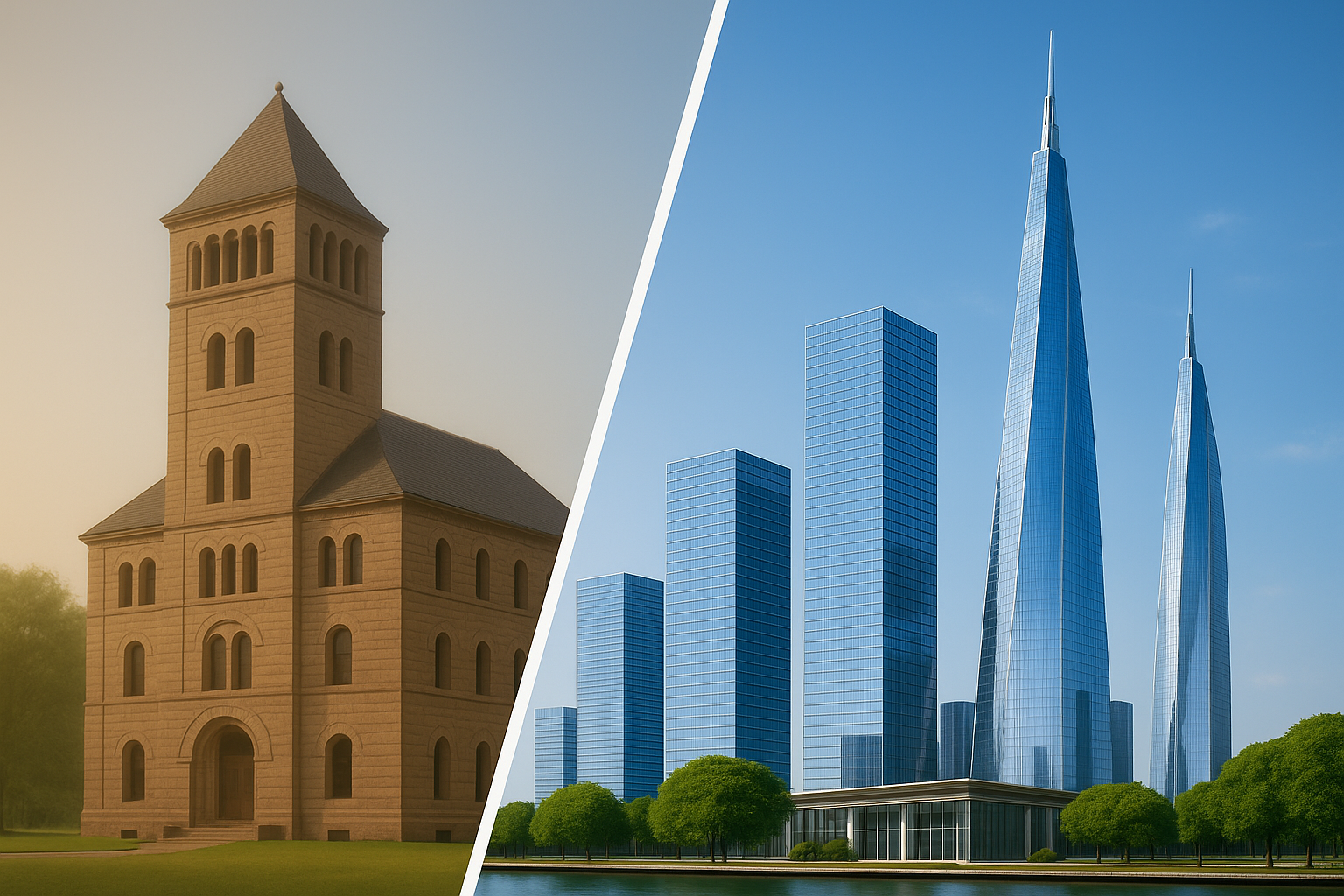 Historisches Gebäude im Kontrast zu modernen Glas-Wolkenkratzern – architektonischer Wandel im Vergleich